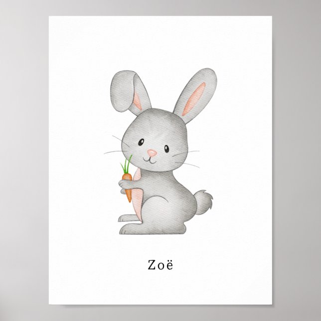 Cute Watercolour Rabbit With A Carrot Name Poster (Frente)