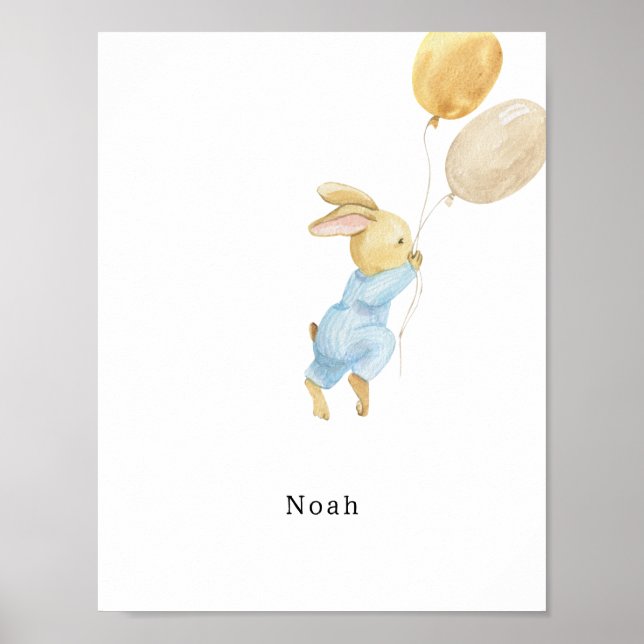 Cute Watercolour Rabbit With Balloons Name Poster (Frente)