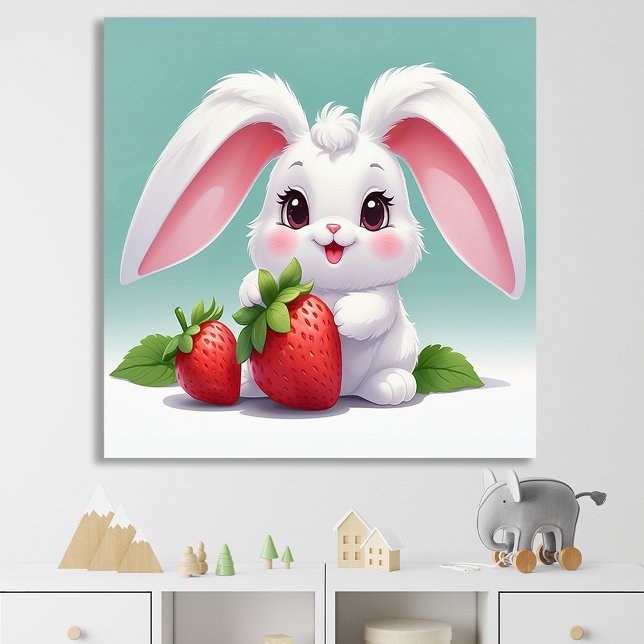 Cute White Bunny Holding Strawberries Poster (Criador carregado)