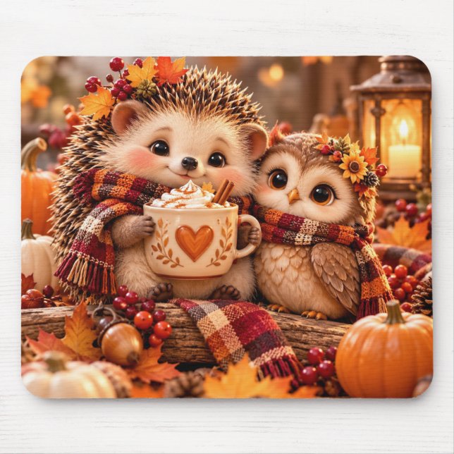 Cuteouriço-cacheiro & Coruja Mouse Pad de Outono (Frente)