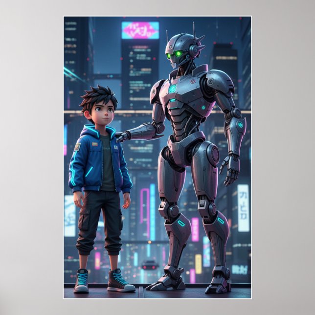 Cyber Guardian | Sci-Fi Robot & Kid Art Poster (Frente)
