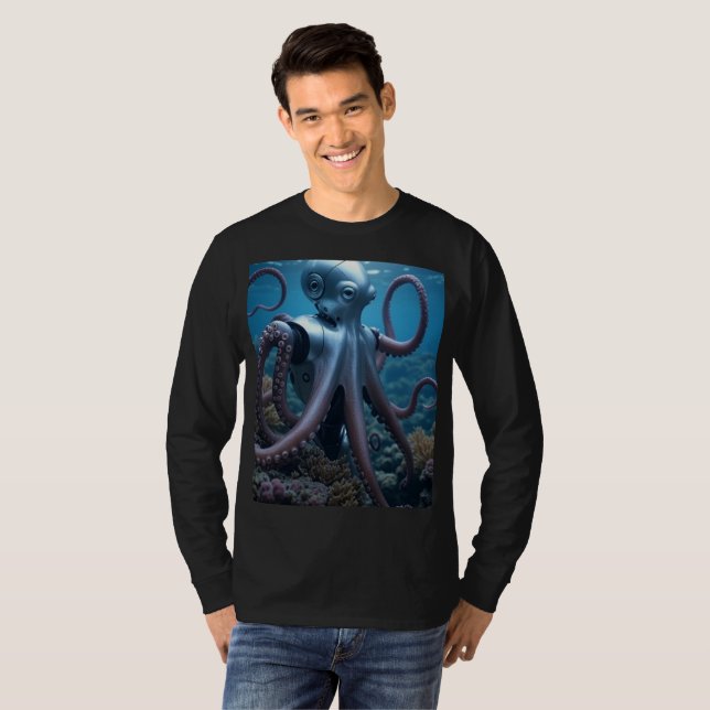 Cyber Octopus men camiseta preta de manga comprida (Frente Completa)