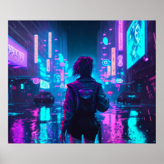 Cyberpunk anime girl, poster da cidade chuvosa