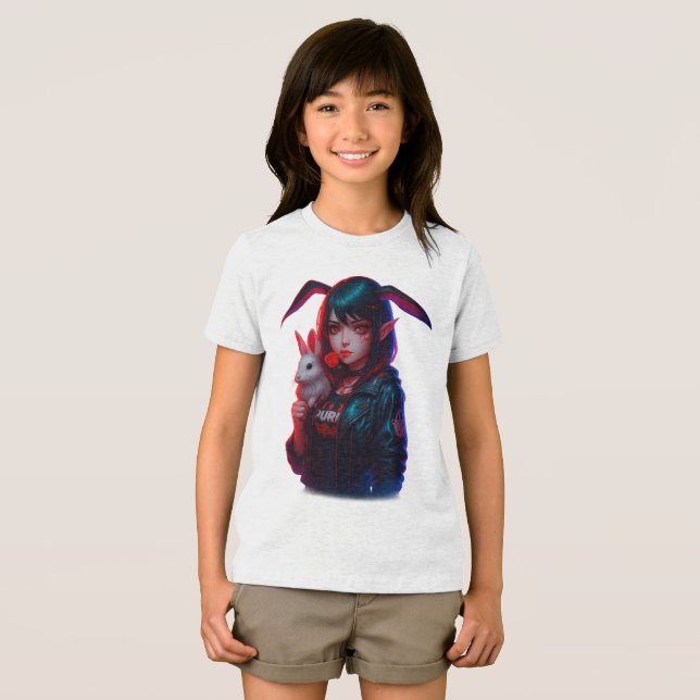 Cyberpunk Bunny Girl – Cool Neon Kids T-Shirt (Frente Completa)