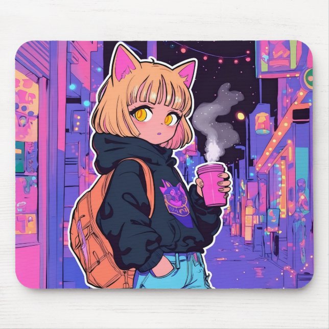 Cyberpunk Cat Girl Mousepad – Neon Aesthetic (Frente)