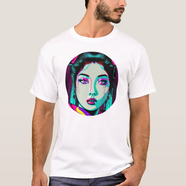 Cyberpunk Geisha Camisa Básica Masculina (Frente)