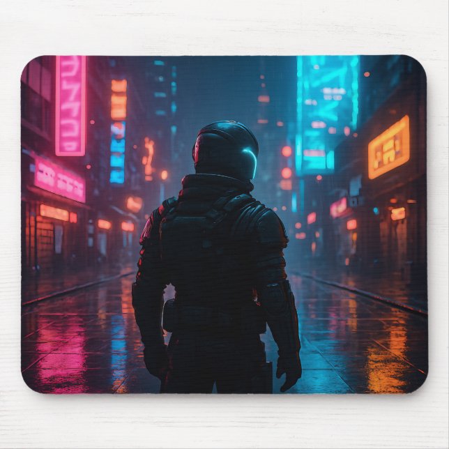 Cyberpunk Neon Warrior Mousepad - Futurística Sci- (Frente)