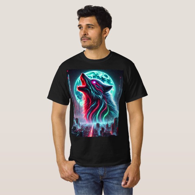 Cyberpunk Neon Wolf T-Shirt Design. (Frente Completa)