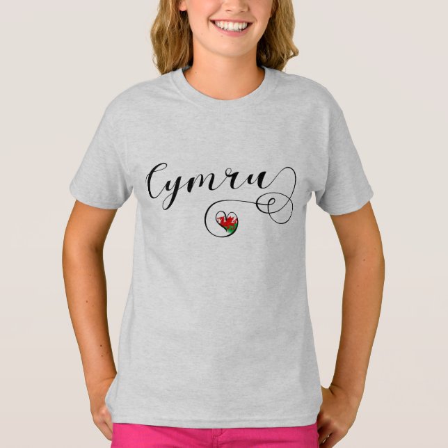 Cymru Wales Flag Em T-Shirt Coração (Frente)