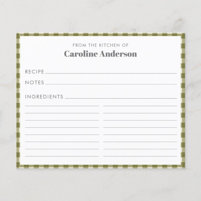 Da Cozinha do Cartão de Receita de Xadrez Verde-Ol (Frente)