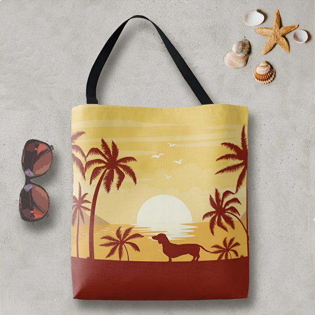 Dachshund Bolsa de praia uma Palmeira Sunset (Dachshund sunset palm trees ocean beach bag for wiener dog mamas)