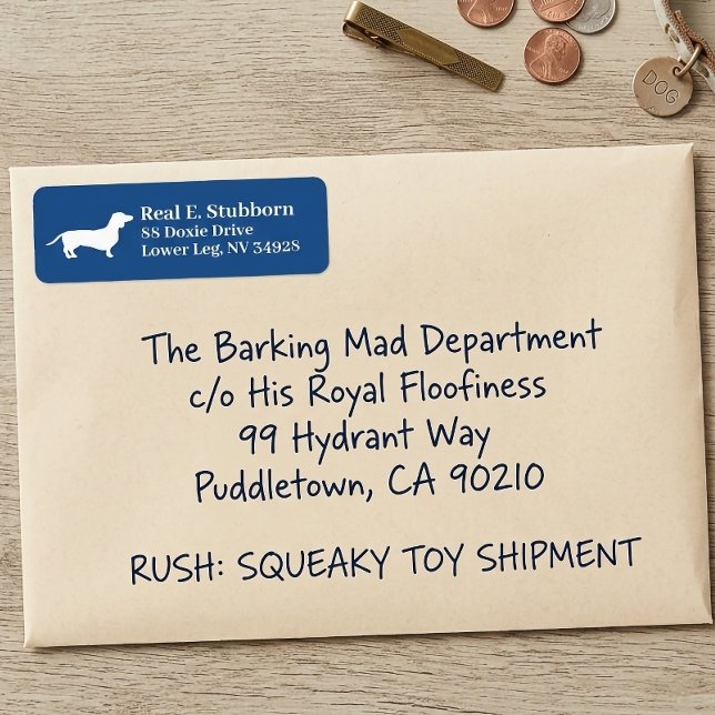 Dachshund Cachorro Salsicha | Etiqueta Azul Royal (Dachshund Blue Return address Label)