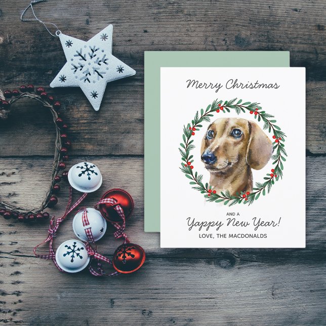 Dachshund Dog Merry Christmas Wreath Card (All text is editable, personalize as required.)