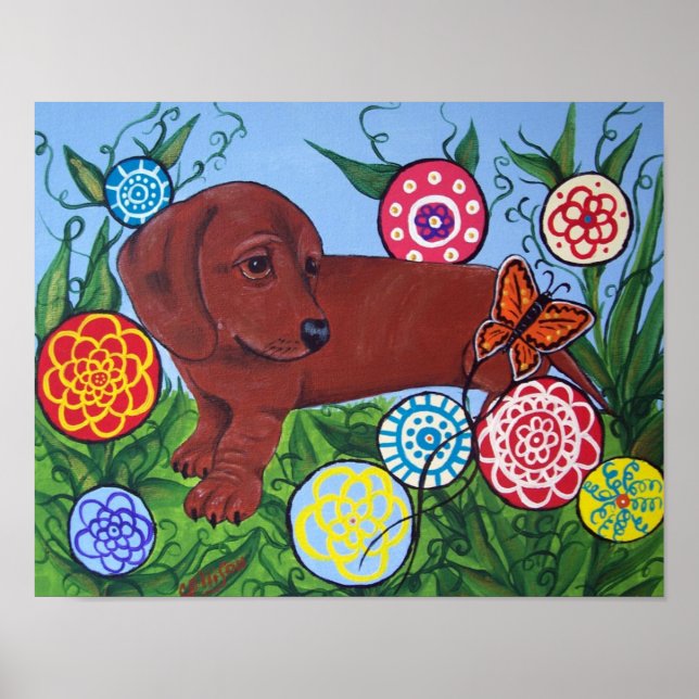 Dachshund e Butterfly Art Impressão (Frente)