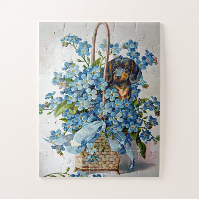 Dachshund e Forget-Me-Nots Quebra-cabeça de Jigsen (Vertical)