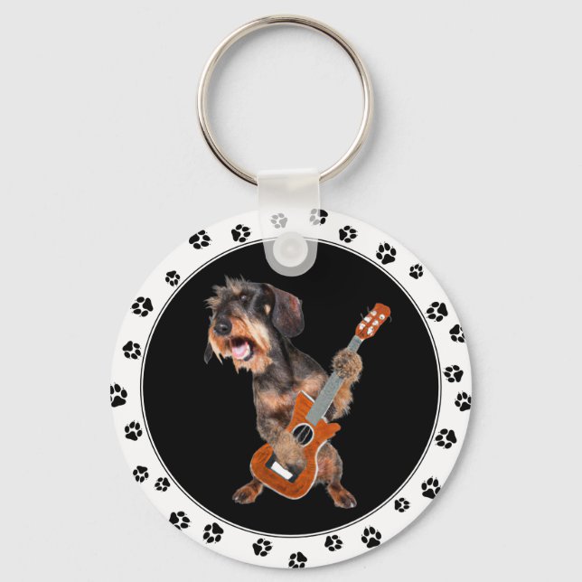 Dachshund, Wirehaired, Tocando Chaveiro de Violão (Frente)