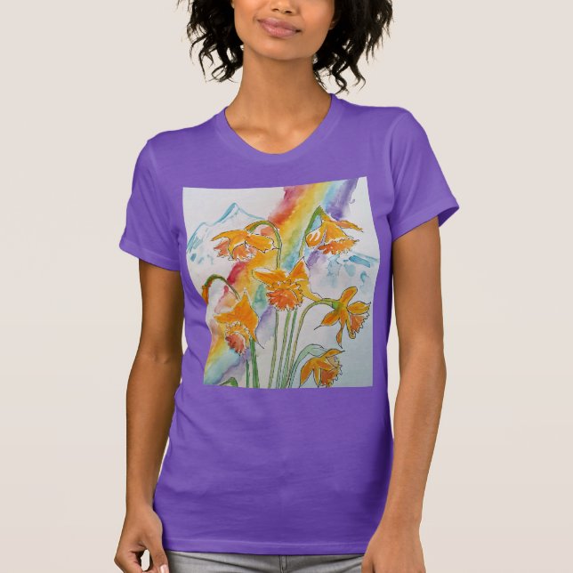 Daffodil Flor Arco-Íris Flores Aquarelas T-Shirt (Frente)
