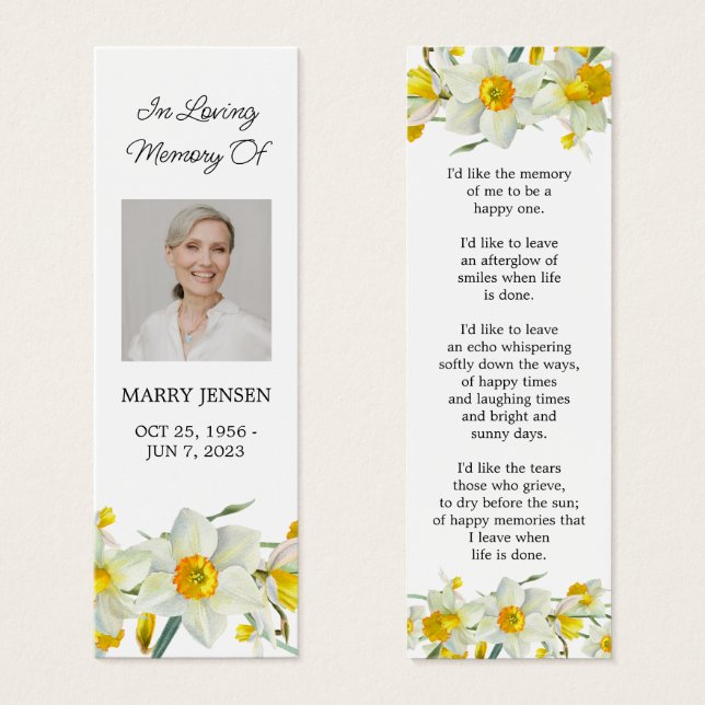 Daffodil Floral Photo Funeral Memorial Bookmark (Frente & Verso)