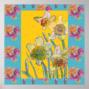 Daffodil primavera de pintura por aquarela Poster