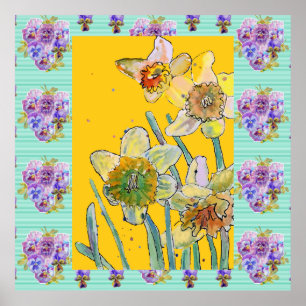 Daffodil primavera de pintura por aquarela Poster