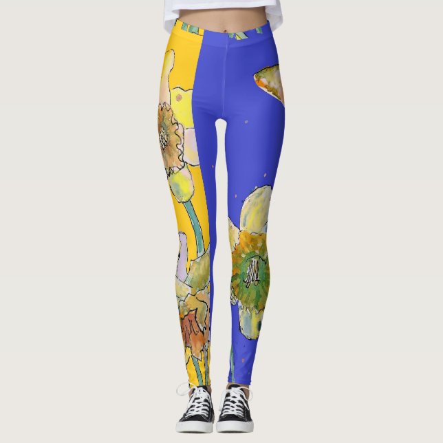 Daffodil Watercolor Fllower Blue Floral Leggings (Frente)