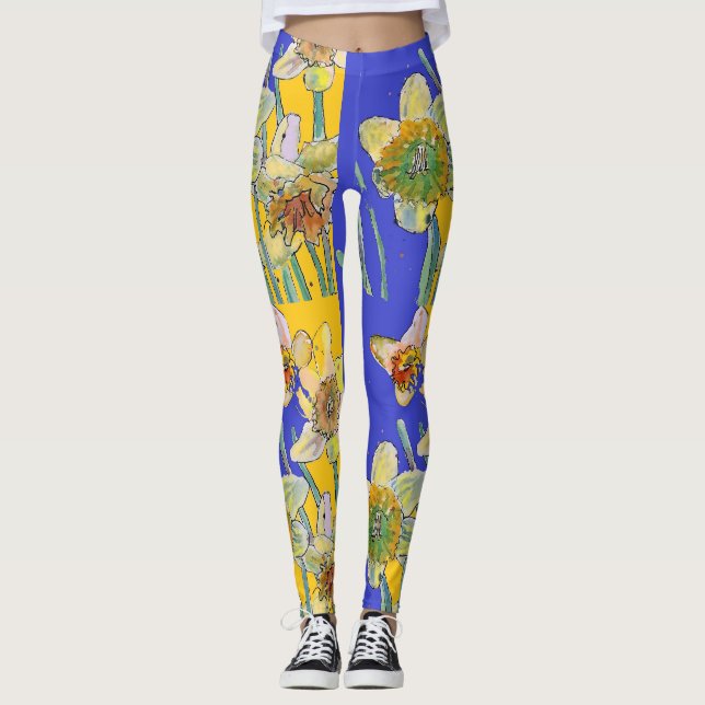 Daffodil Watercolor Fllower Blue Floral Leggings (Frente)