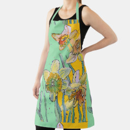 Daffodil Watercolor Fllower Verde Apron