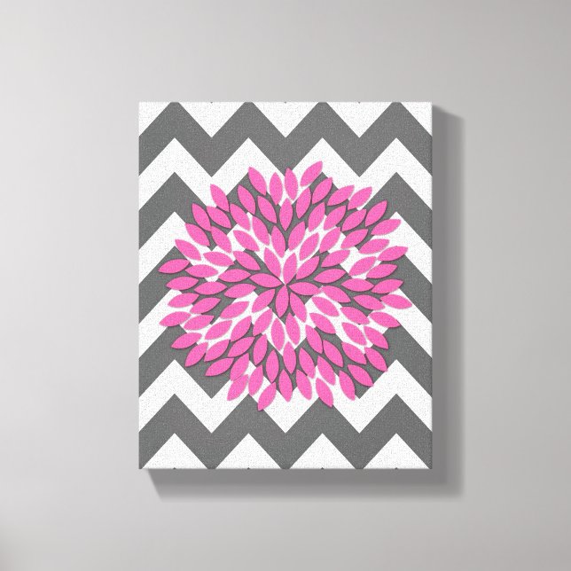 Dahlia em Chevrons em rosa e Canvas de Cinza (Frente)
