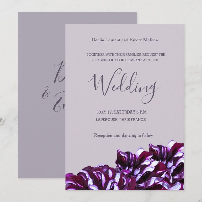 Dahlia flores lilac convite para casamento elegant (Frente/Verso)