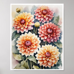 Dahlia Flowers feitos à mão, Poster de cor de água