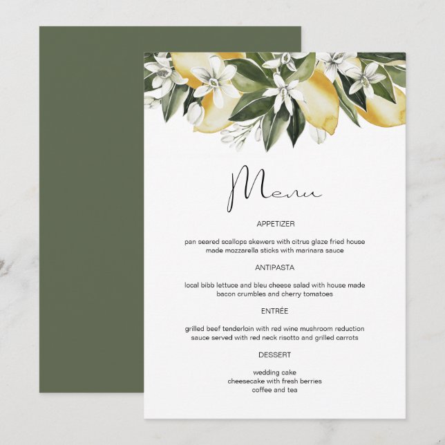 DAHLIA Watercolor Lemon Citrus Fruta Floral Menu (Frente/Verso)