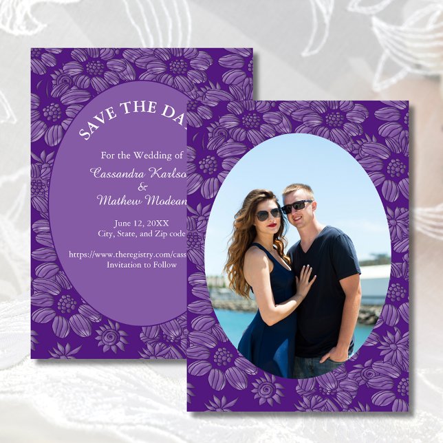 Daisies Purple Salve o Cartão com fotos de Data (Daisies Purple Save the Date Photo Card)