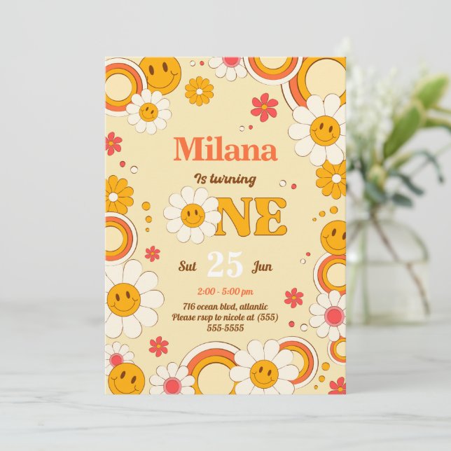 Daisy Flower Groovy Primeiro Convite Aniversário (Em pé/Frente)