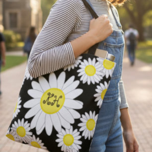 Daisy Monogramy Black White e Yellow Tote Bag