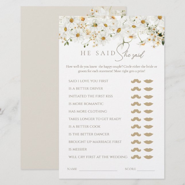 Daisy Wildflower Chá de panela He ou she Game (Frente/Verso)