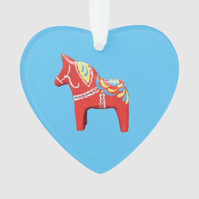 Dala Horse sobre Ornamento do Coração Azul (Frente)