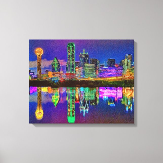 Dallas Skyline na Noite Chrome Editou Arte Canvas (Frente)