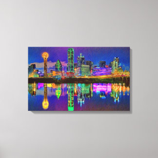 Dallas Skyline na Noite Chrome Editou Arte Canvas
