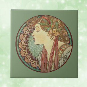 Dama Art Deco Antiga Azulejos Mosaico Verde Folhas