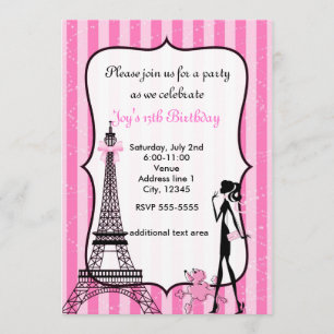 Dama em Paris Torre Eiffel Convite Poodle Rosa