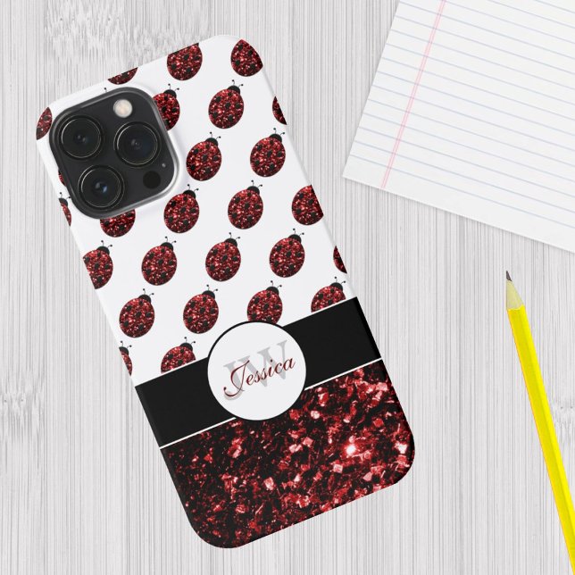 Dama vermelha besouro falso brilho faísca padrão M (Sparkle up and protect your phone with trendy faux sparkles. iPhone case with custom monogram. )