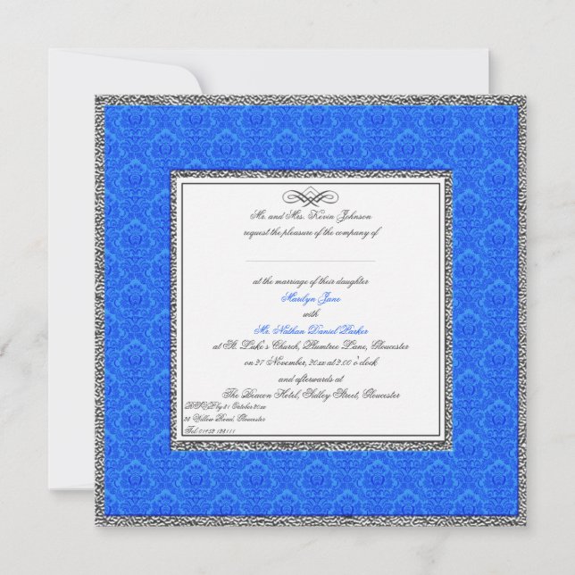 Damasco Azul com Convite para Casamento no Reino U (Frente)