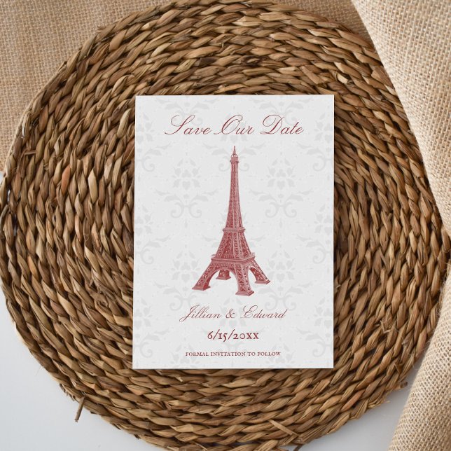 Damasco Da Torre Eiffel Vermelha Salve O Anúncio D (Red Eiffel Tower Damask Save the Date)