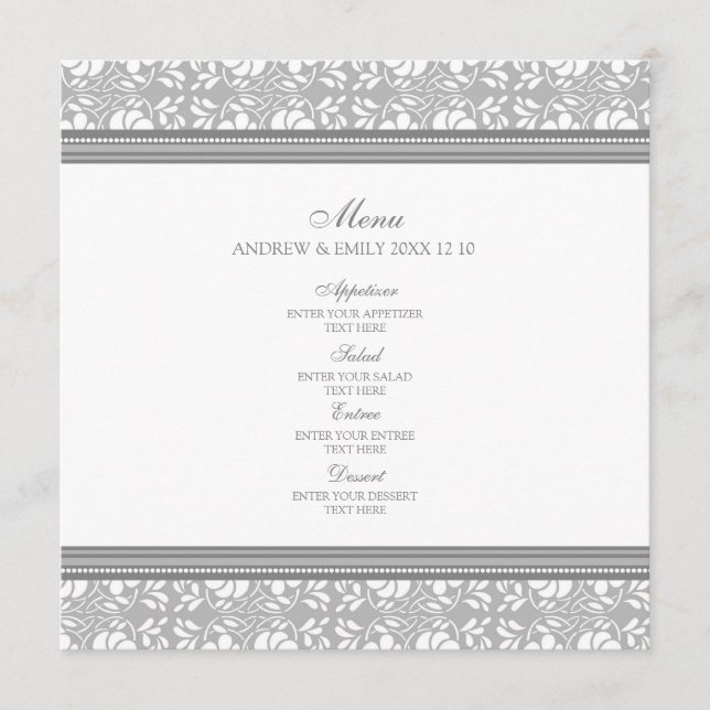 Damasco floral cinzento do menu do casamento (Frente)