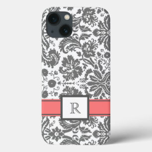 damasco floral coral cinzento do monograma feito