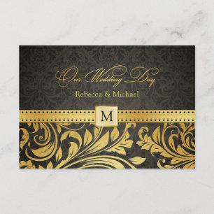 Damasco preto e Dourado elegante com RSVP de Monog