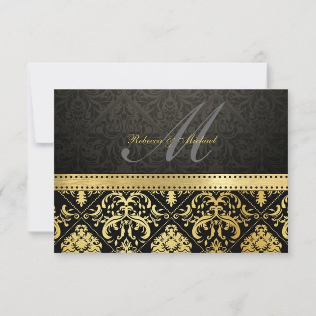 Damasco preto e Dourado elegante com RSVP de Monog (Frente)