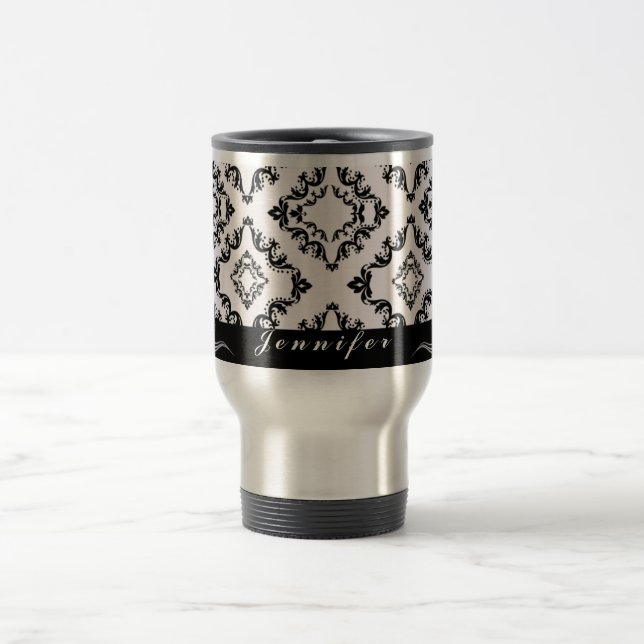 Damasco preto na moda caneca de viagem (Centro)