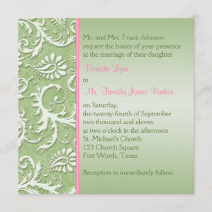 Damasco verde com convite cor-de-rosa do casamento