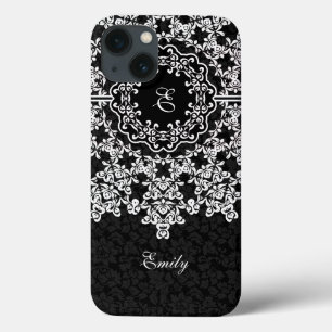 Damascos Pretos De Lace Floral Branco Monogramados